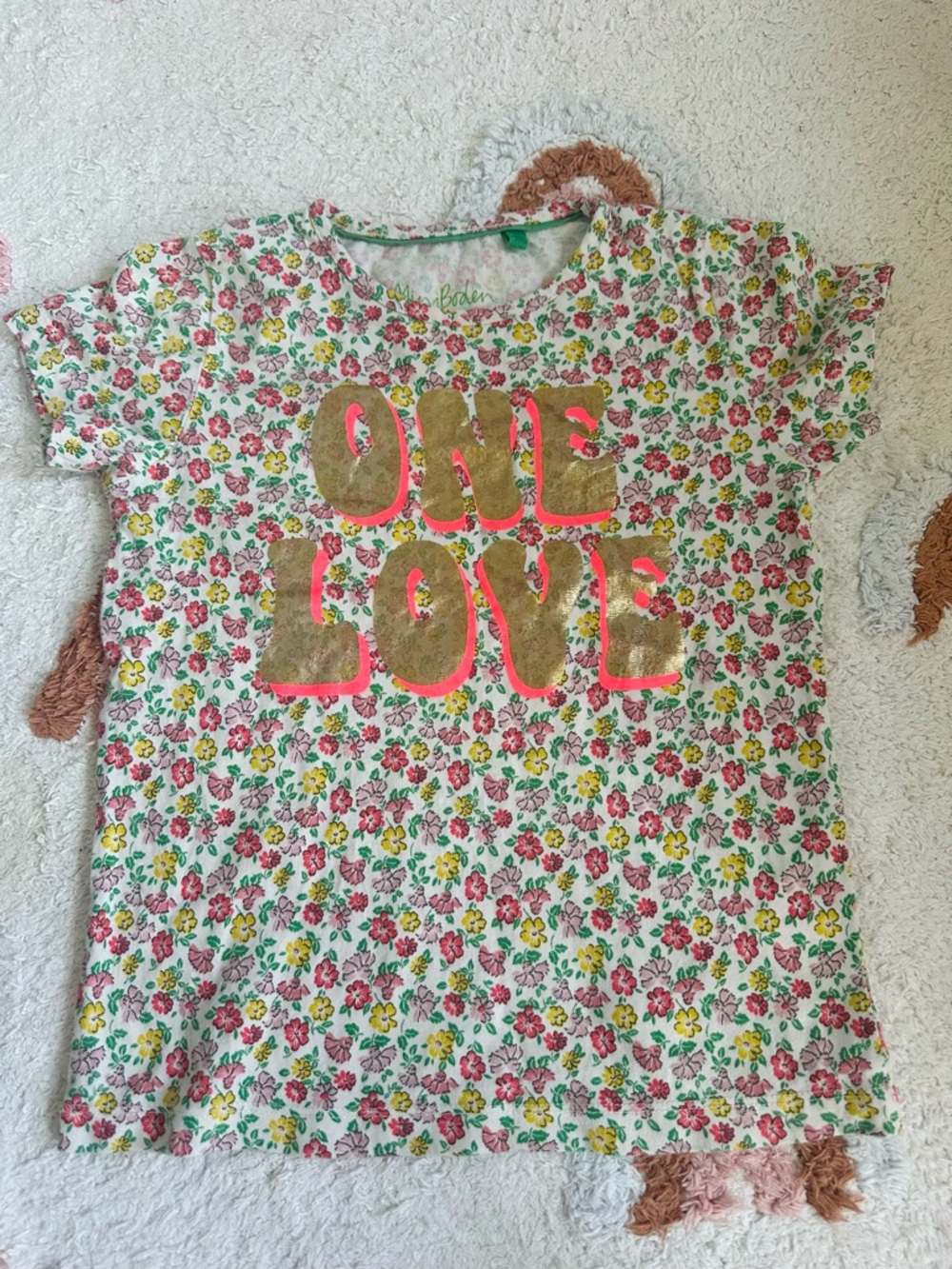 Mini Boden White Floral "ONE LOVE" Tee with Pink and Green Accents